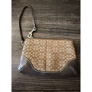 COACH Small Logo C BROWN / TAN Canvas & Leather Wristlet Silver Tone Hardware